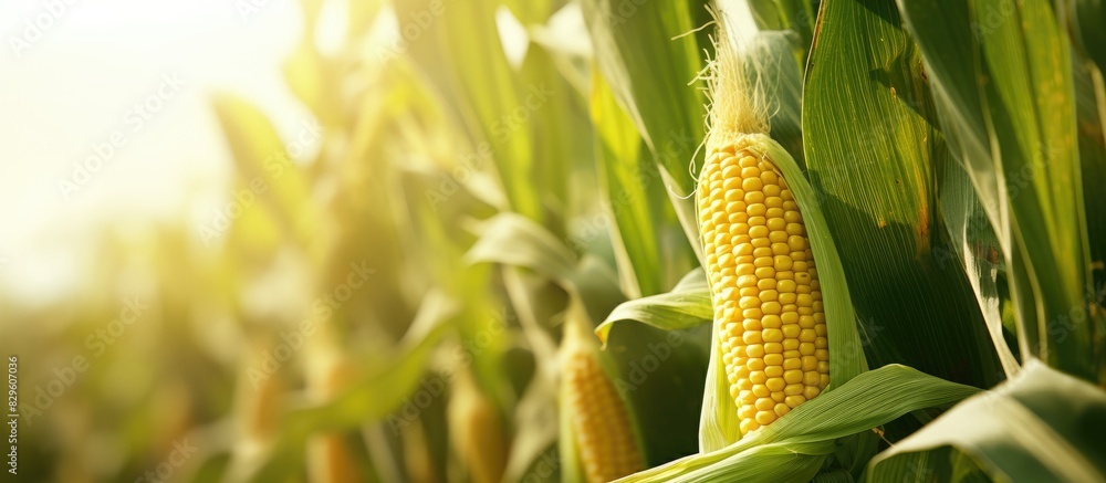Poster closeup of corn on the stalk in a serene corn field with ample copy space image available