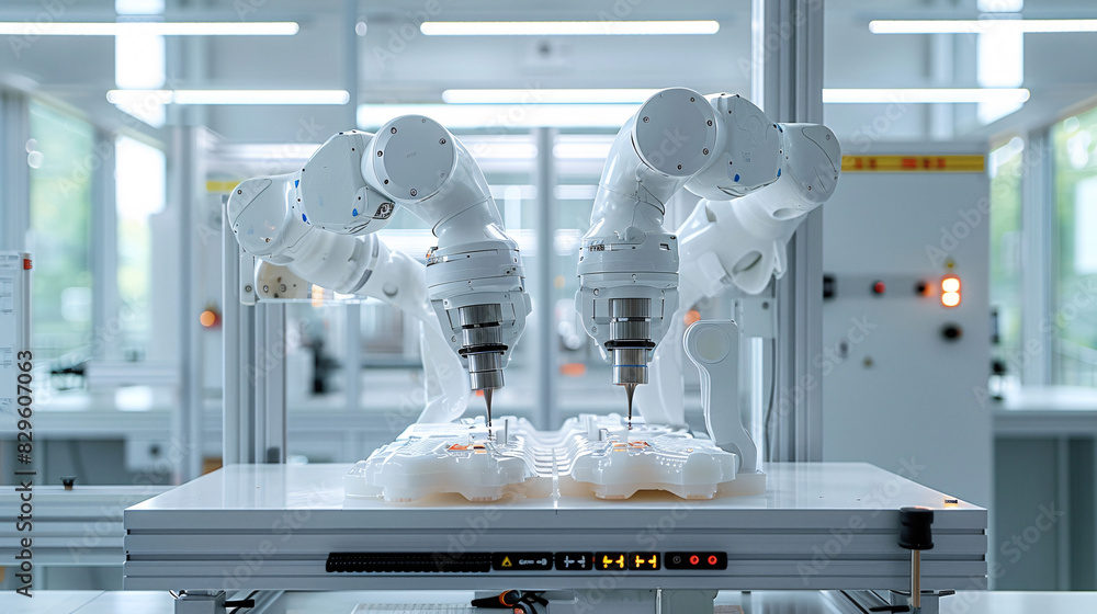 Poster automated factory floor with robotic arms and digital control panels