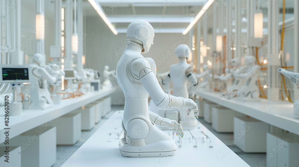 Poster automated factory floor with robotic arms and digital control panels
