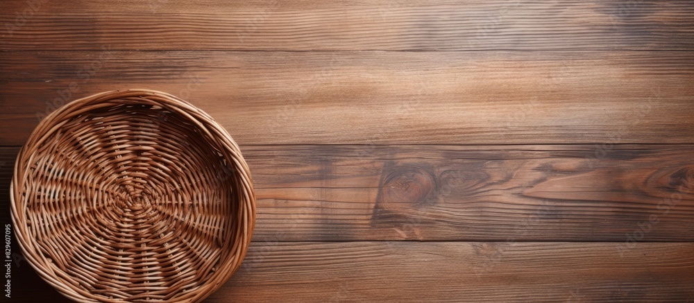 Poster top view of a wicker basket on rustic wood background with copy space image