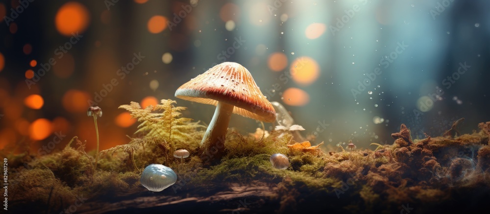 Aufkleber a solitary brown mushroom in a magical forest with a whimsical ambiance enhanced by floating dust an