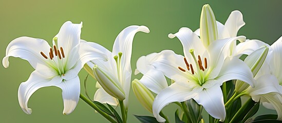 Obraz premium White lily flowers in a garden with green background representing summer Ideal as a floral background for websites greeting cards or flower shop banners Copy space image