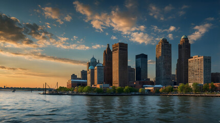 Detroit skyline at sunset, reflecting on the tranquil waters of the Detroit River front. Generative...