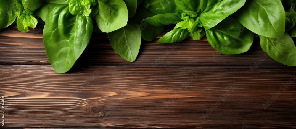 Poster fresh lettuce and basil leaves on a rustic wooden backdrop ideal as a culinary garnish with a vibran