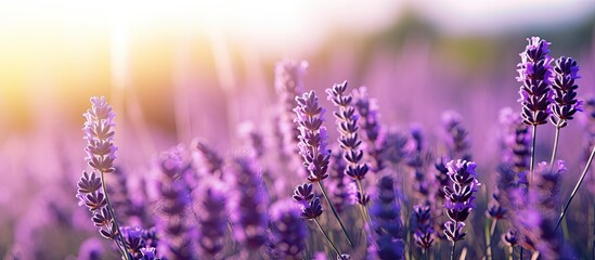 Fototapeta premium Close up view of numerous lavender plants in bloom in a field with copy space image