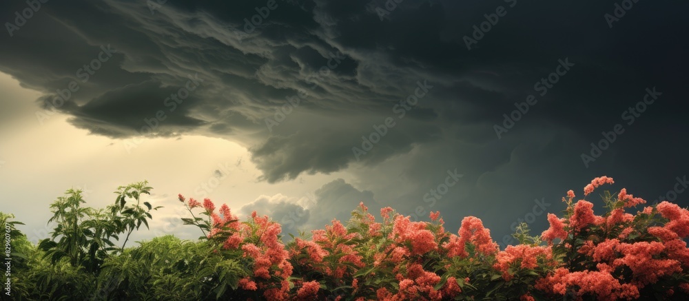 Poster shrubs set against a dramatic sky with thunderstorm clouds in the background create a striking visua