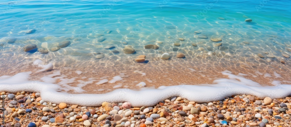 Aufkleber sandy beach with colorful pebbles crystal clear waves gently foaming under the sun on a summer day w