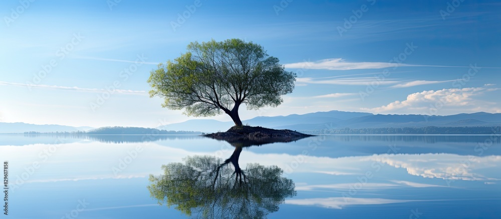Poster a tree emerging from a tranquil lake with a reflection in the water creating a serene scene with cop