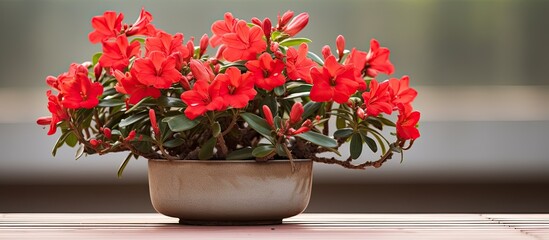 Adenium obesum with vibrant red blooms in a planter with space for text or designs in the background image. Copy space image. Place for adding text and design