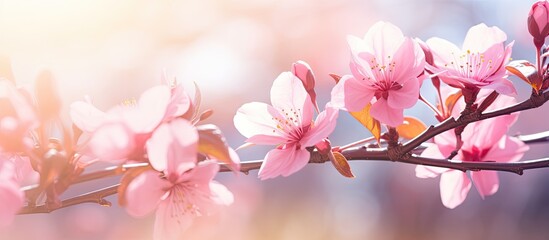Macro view of a vibrant pink blossom blooming in sunlight creating a picturesque nature background with copy space image