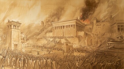 Biblical Illustration: The Fall of Jerusalem, Babylonians Conquer, Temple Burning, Exile Begins, Beige Background, Copyspace
