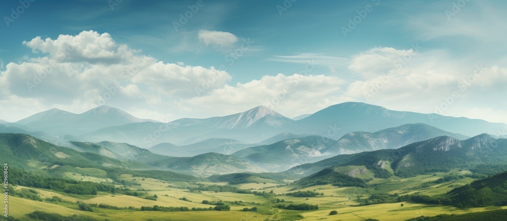 Poster summer mountain landscape with mountains hills and cliffs in a panoramic front view setting with cop