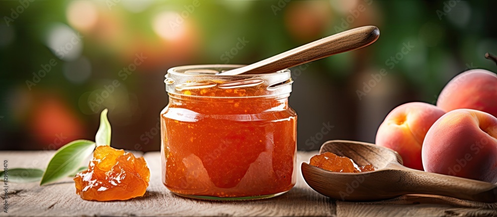 Poster jar of peach jam displayed with a rustic wooden spoon and fresh fruit perfect for adding a touch of 