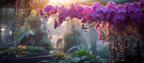 An unusual long stem of purple orchids takes center stage in a winter tropical greenhouse captured using a shallow depth of field for a stunning copy space image - Powered by Adobe