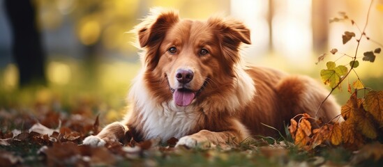 A red haired fluffy mixed breed dog is lounging outdoors in a natural setting with a peaceful look creating an appealing copy space image