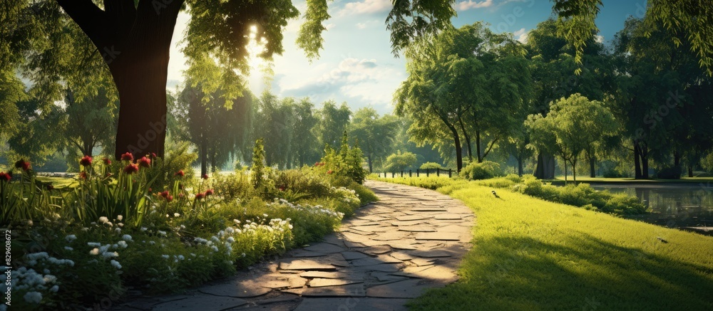 Poster a picturesque path in a town park setting featuring a scenic background with a clear path ahead in t