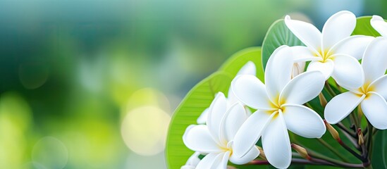 Soft white Frangipani a lovely tropical flower set against a blurred green background perfect for copy space image