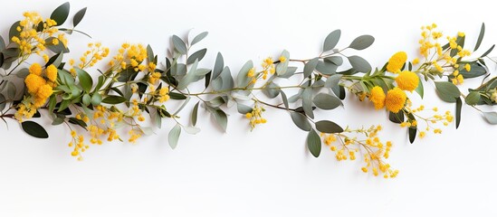 Top view of a floral arrangement featuring yellow flowers and eucalyptus leaves on a white backdrop perfect for adding text or graphics with a copy space image