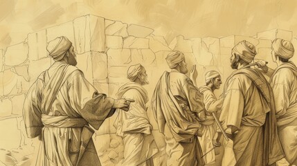 Fototapeta premium Biblical Illustration: Nehemiah Rebuilds the Wall, Leading Effort with Determination, Facing Opposition, Beige Background, Copyspace