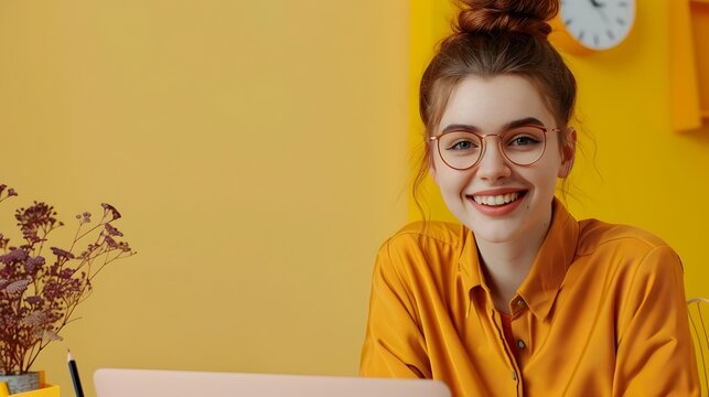 Happy Young Content Strategist Exuding Professional Expertise in Vibrant Office