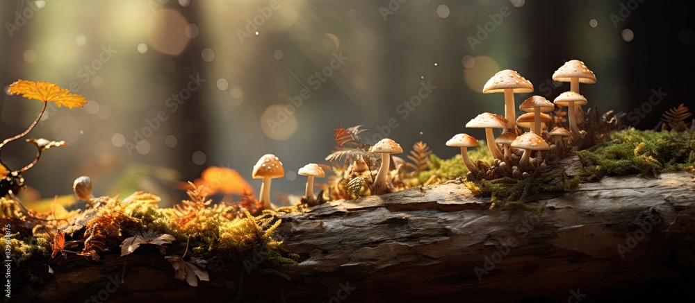 Aufkleber an autumn scene with mushrooms on a weathered tree stump with copy space image