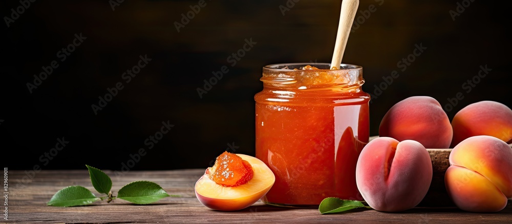 Poster jar of peach jam displayed with a rustic wooden spoon and fresh fruit perfect for adding a touch of 