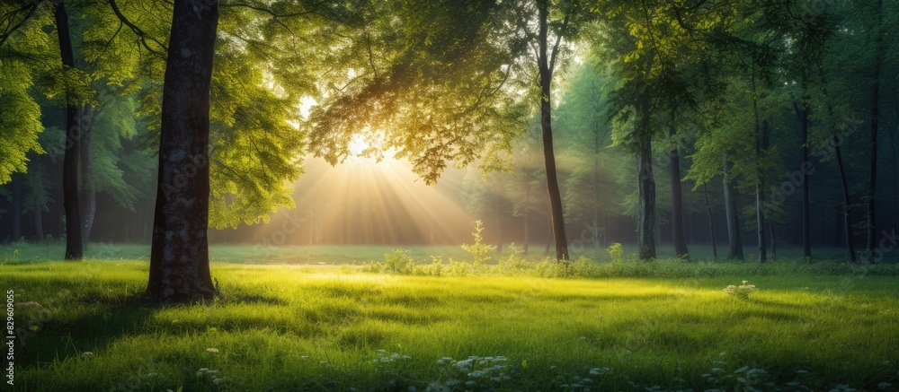 Canvas Prints A sunny forest in the early morning featuring a green landscape with sunshine and sunbeams perfect for a spring nature background with copy space image