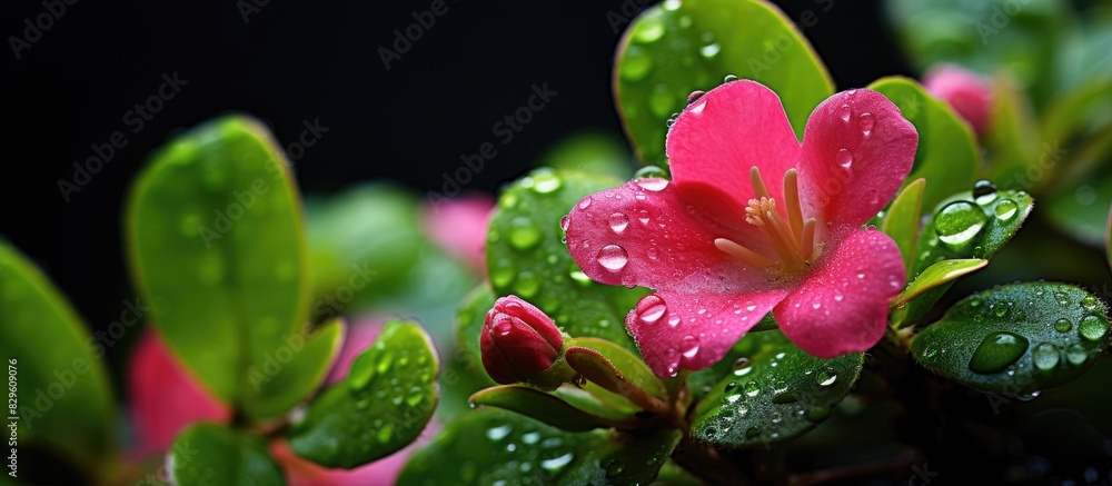 Poster close up image of a purslane flower with a water droplet including blank space for text. copy space 
