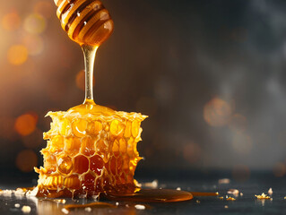 Golden honey dripping from dipper onto honeycomb on dark blurred background