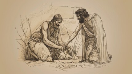 Obraz premium Biblical Illustration: Naaman's Healing, Washing in Jordan River, Healed of Leprosy, Elisha's Instructions, Beige Background, Copyspace
