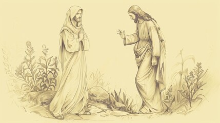 Obraz premium Biblical Illustration: The Appearance to Mary Magdalene, Jesus Appears in Garden, Disbelief Turns to Joy, Beige Background, Copyspace