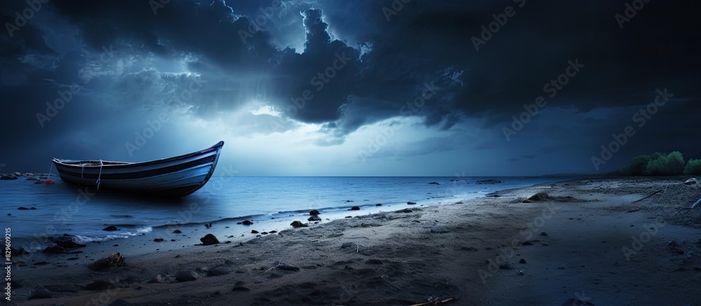 Aufkleber a boat rests on the tranquil seashore with a dramatic storm approaching in the background creating a