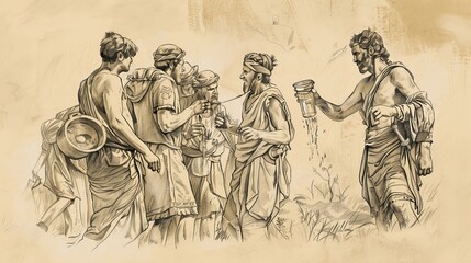 Fototapeta premium Biblical Illustration: Gideon's Army, Selecting by Drinking Water, Small Group Defeats Midianites, Beige Background, Copyspace