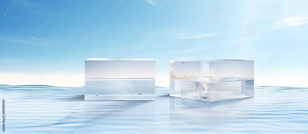 Poster cosmetic mockup with copy space image two white square podiums on a transparent water texture under 