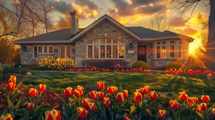 A suburban home with a charming stone facade, bathed in the golden glow of a sunset, large bay windows reflecting the warm light, 