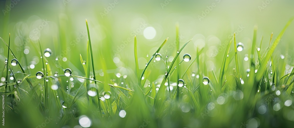 Aufkleber lush green grass adorned with sparkling water droplets in a serene setting providing a fresh and rej
