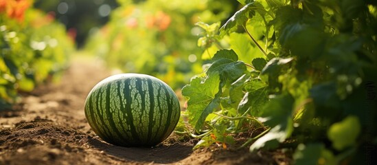 Watermelon in the garden during autumn s harvest season with a selective focus on the fruit creating a visually appealing image with copy space