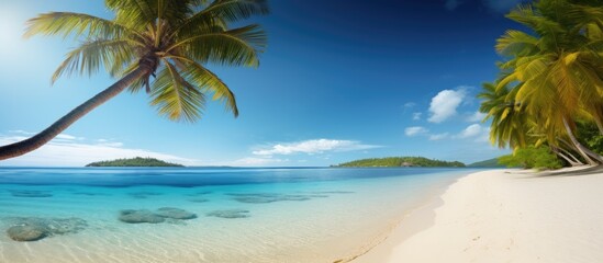 A sunny palm fringed tropical beach with clear blue waters and golden sands inviting relaxation and tranquility perfect for a copy space image