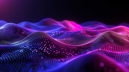 3d render of abstract background with pink and blue glowing dots on dark wavy surface