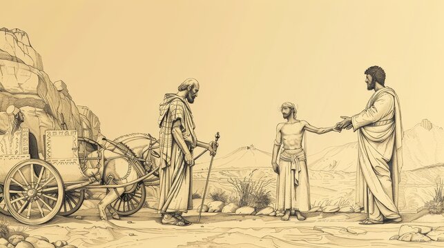 Biblical Illustration: Philip and Ethiopian Eunuch, Baptism in Desert, Chariot Scene, Beige Background, Copyspace