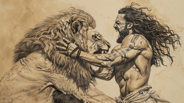 Biblical Illustration: Samson's Strength, Tearing Apart Lion with Bare Hands, Long Hair, Powerful Physique, Beige Background, Copyspace