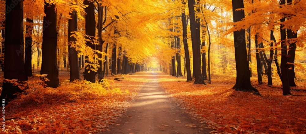 Aufkleber captivating autumn scenery of a golden forest with vibrant path and trees blending beautifully perfe