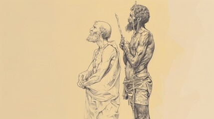 Naklejka premium Biblical Illustration: The Call of Abraham, God Calling Abraham, Leave Homeland, Promise of Descendants, Beige Background, Copyspace