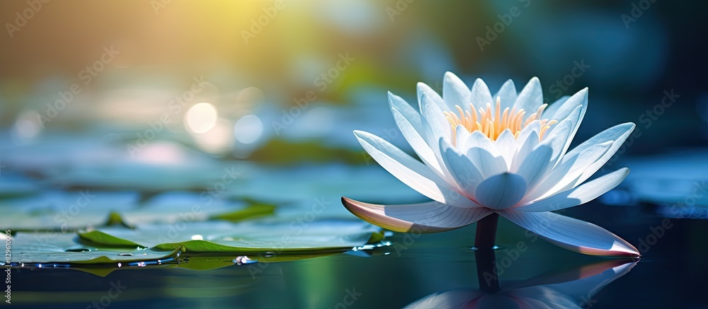 Poster water lily illuminated by sunlight with a serene background and copy space image