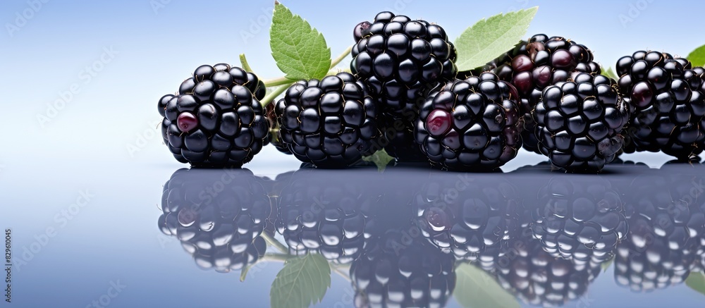 Poster blackberry berries on a mirror with reflections and a blurred backdrop creating an artistic copy spa