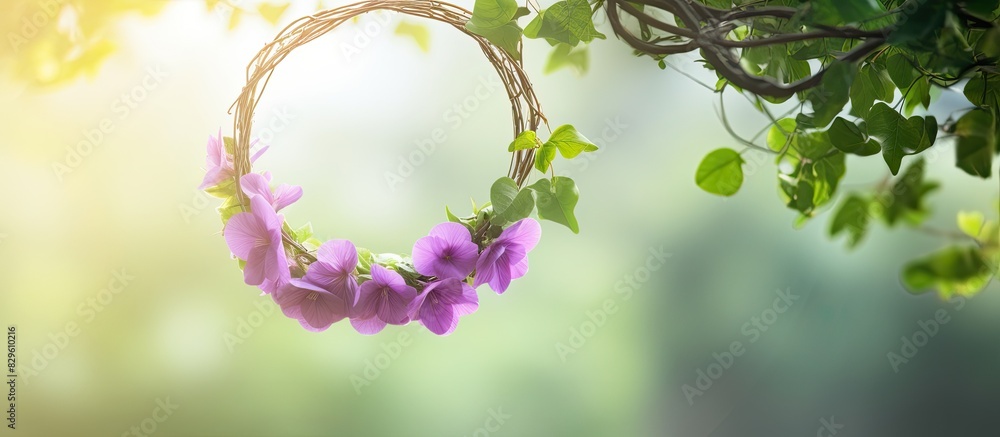 Poster purple wreath flower or sandpaper vine hanging from a tree with a blurred natural background creatin
