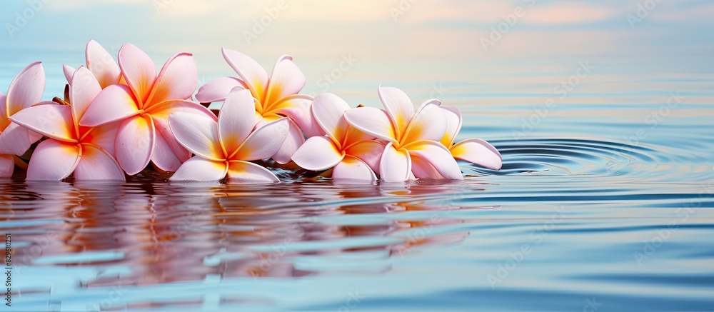 Poster plumeria flowers floating atop water s surface create an exquisite scene with a serene ambiance. cop