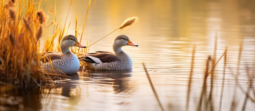 Fototapeta Ducks in the wild by the lake surrounded by reeds with copy space image
