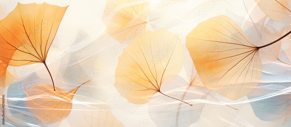 Poster delicate skeleton leaves with a transparent appearance are scattered on a vibrant abstract backdrop 
