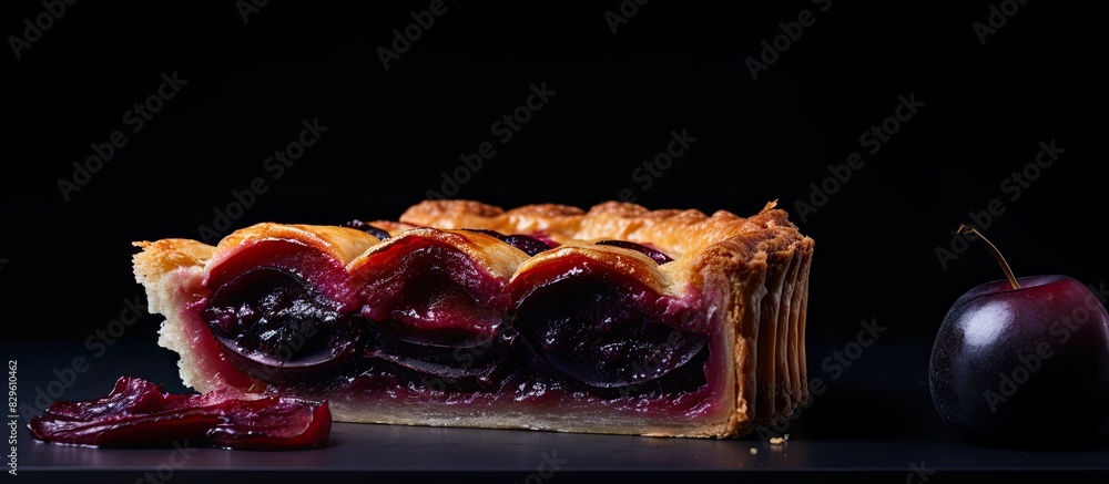 Poster plum pie slice on a dark backdrop with copy space image